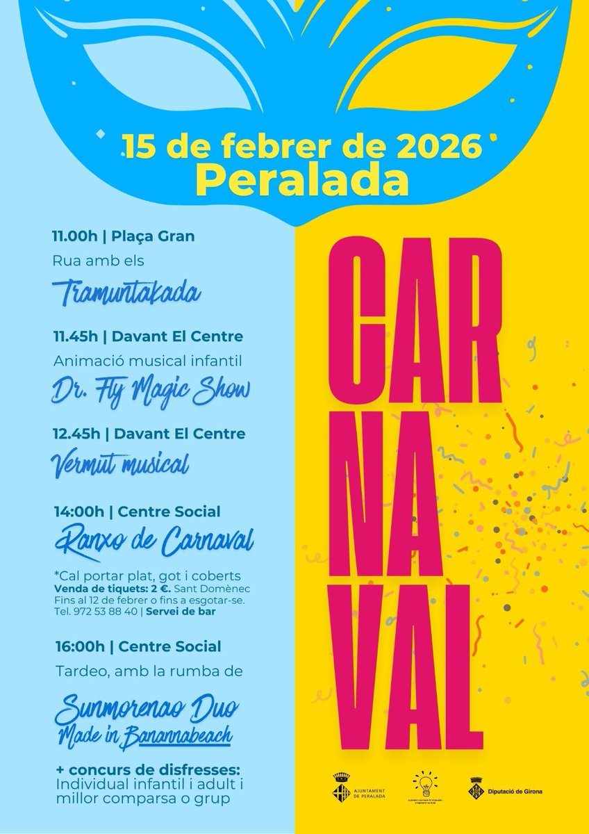 ajperalada's tweet image. 🎉 Descobreix el programa del Carnestoltes 2026! 🎭
👉 Cercavila
👉 Animació infantil
👉 Ranxo popular
👉 Tardeo amb rumba
👉 Concurs de disfresses
🔖 Venda de tiquets del Ranxo
🗓 Fins al 12 de febrer o fins a esgotar l’aforament
📍 Centre de Turisme Cultural Sant Domènec