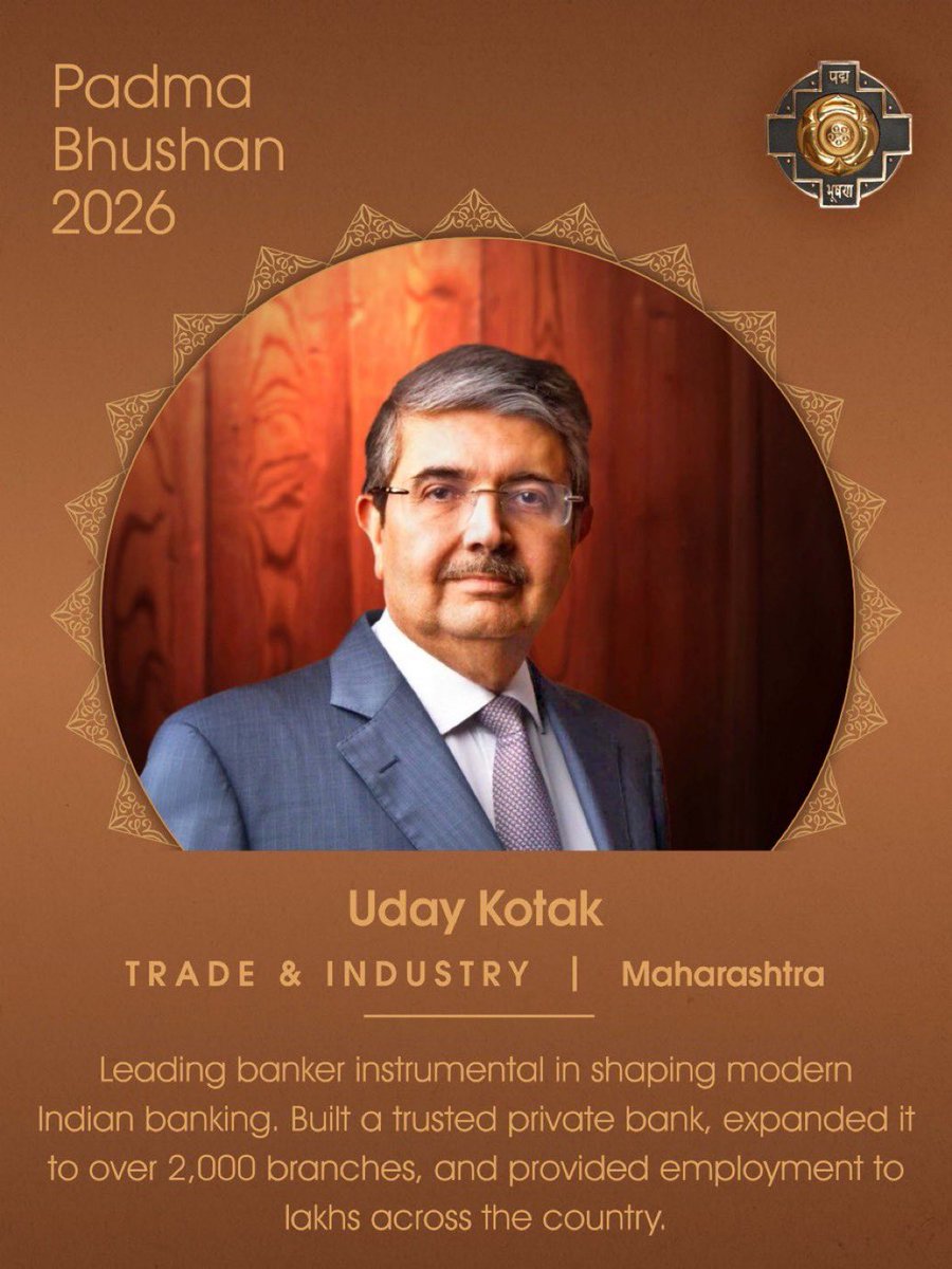 anandmahindra's tweet photo. I couldn’t be happier to see Uday’s contributions to the Indian banking industry recognized.

Beyond banking, Uday was truly a pioneer of the Indian startup ecosystem. 

He showed that moving away from the status quo to embrace risk can result in enormous rewards. 

Having been an initial promoter of Kotak Mahindra, I can personally testify to the scale of that success and the immense professional and financial value he created!

He remains an inspiration to us all.

@udaykotak