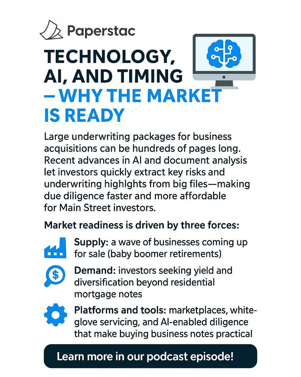 paper_stac's tweet photo. #Technology, #AI, &amp; Timing — why the market for business notes is ready.

From AI-powered due diligence to a wave of businesses hitting the market, new tools and trends are making #investing in #businessnotes more accessible than ever.

👉 Dive deeper: https://t.co/flg1tg72Ks https://t.co/3CUlJg2MT7