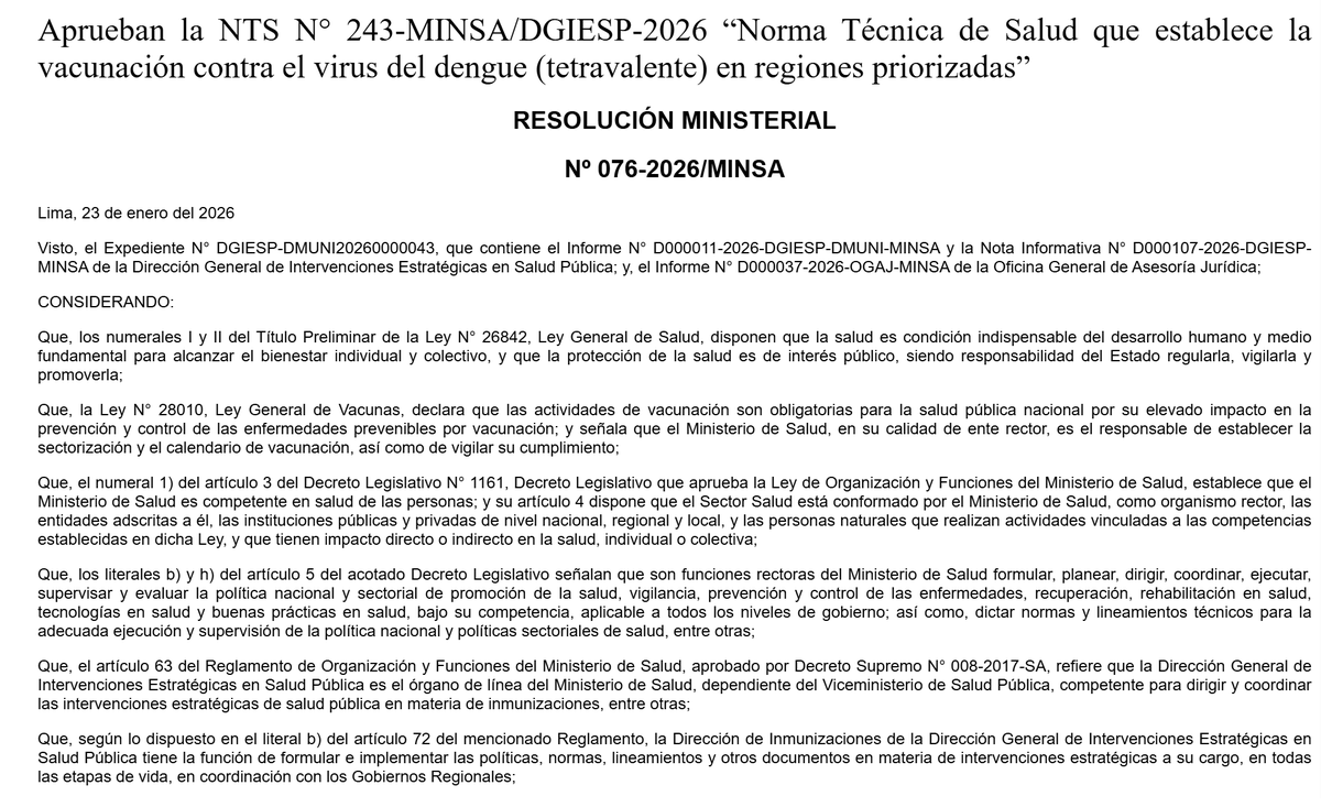 El <a href="/Minsa_Peru/">Ministerio de Salud</a> aprobó una norma que incorpora oficialmente la vacuna contra el #dengue como política de salud pública, dejando atrás la fase de piloto.
La norma regula el uso de una vacuna tetravalente y su aplicación en regiones priorizadas del país.🧵