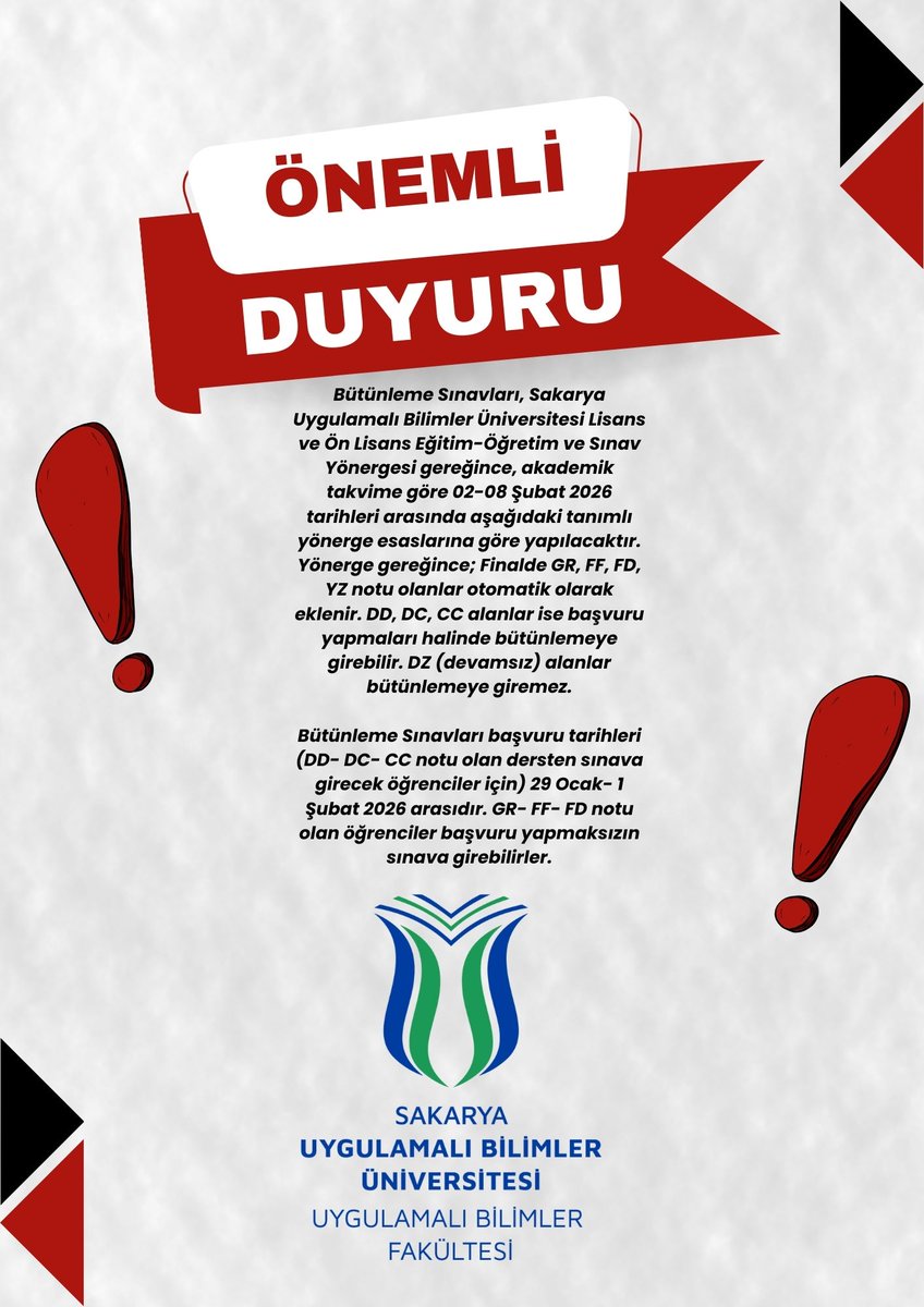 Bütünleme ve mazeret sınavları hakkında; ubf.subu.edu.tr/duyuru/17957