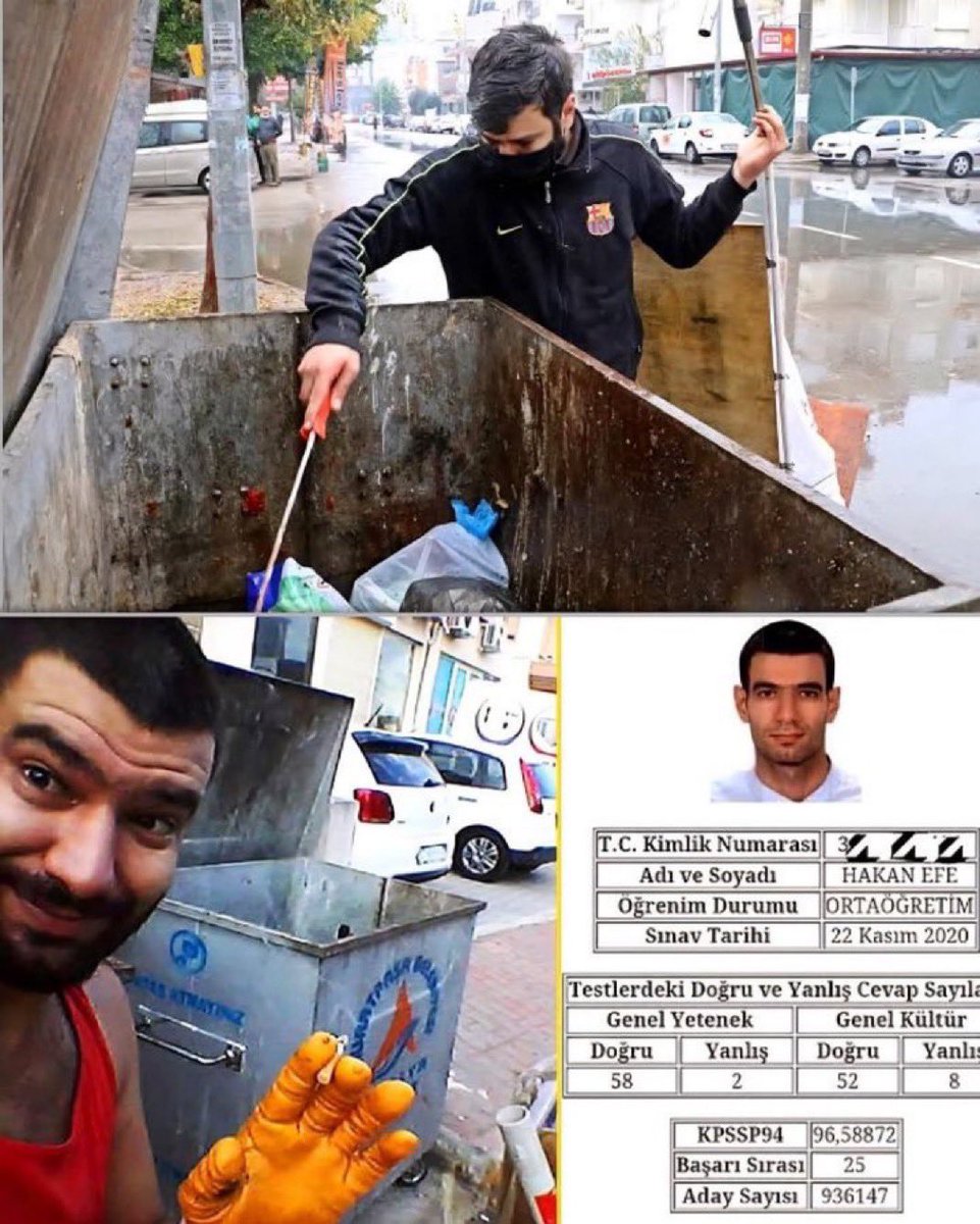 Antalya'da  kağıt toplayıp satarak geçimini sağlamaya çalışan  Hakan Efe 

Son girdiği KPSS sınavda Türkiye 25.’si oldu.

Nasıl içim yanmasın nasıl.