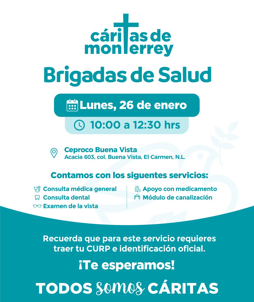 ¡Servicios de salud en tu comunidad!💙

✨Te esperamos en El Carmen y Santa Catarina con nuestras Brigadas de Salud.👨‍⚕👩‍⚕

Más información en las siguientes imágenes. 👇