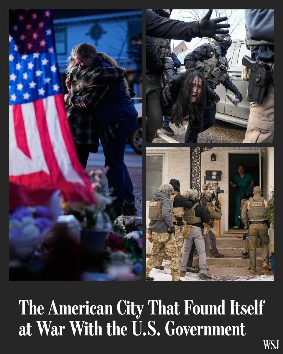 WSJ's tweet image. The fatal shooting of a VA nurse by federal agents marked a new and alarming phase in the battle for Minneapolis. 

How a city found itself at war with the U.S. government: 🔗 on.wsj.com/4bPjhj9