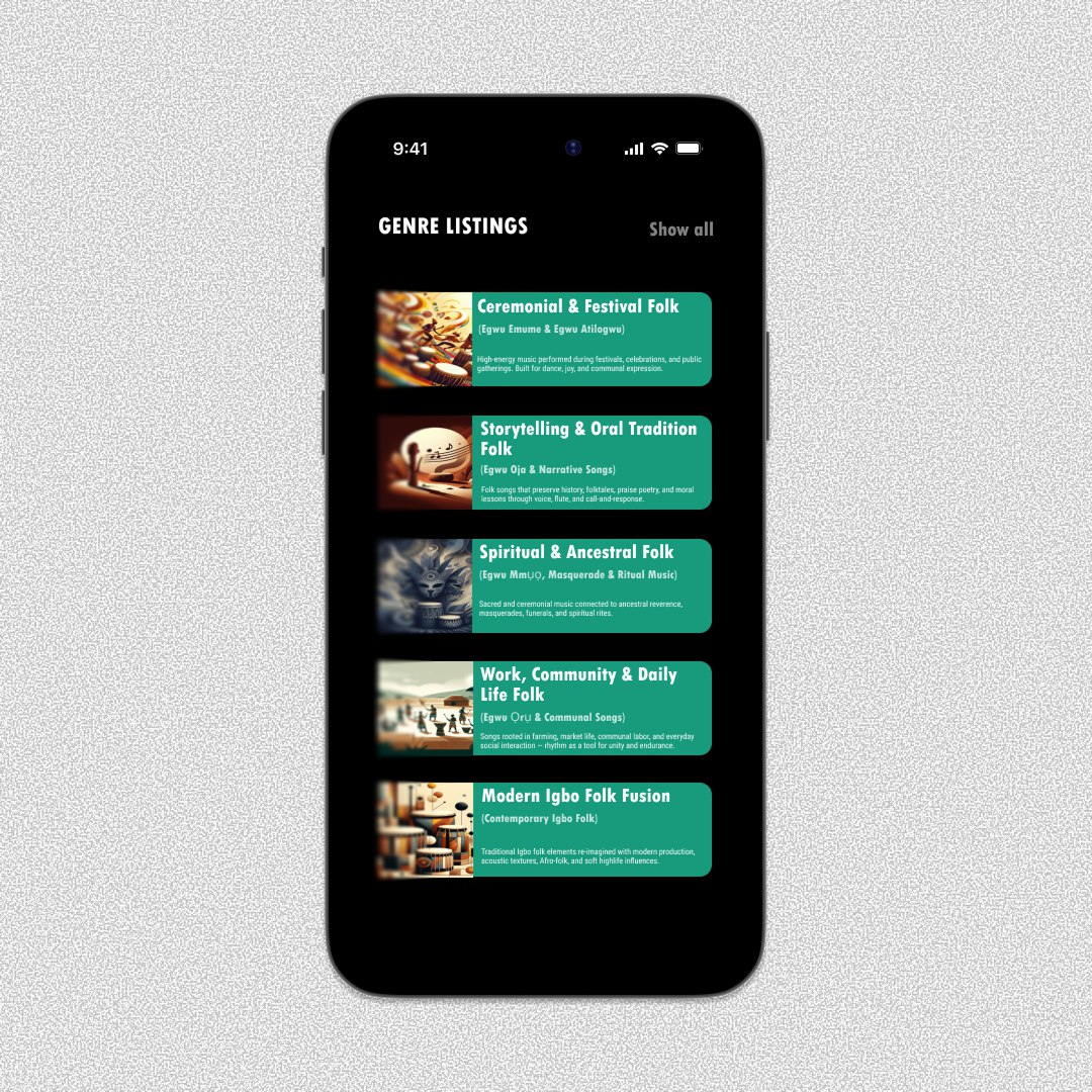 Made a genre listing screen for a music app centred around Igbo music.

<a href="/danlovesadobe/">Daniel Walter Scott</a>