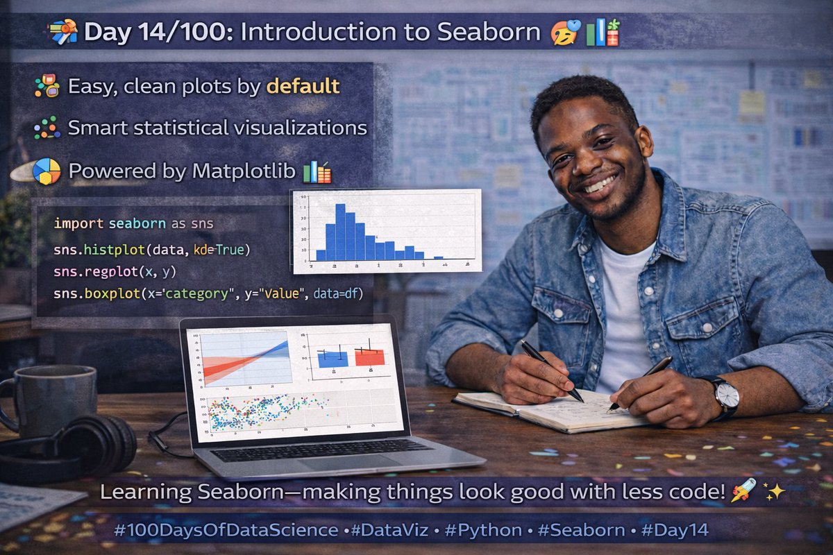 adeyemi_muiz08's tweet photo. Day 14/100 

Intro to Seaborn today — cleaner, smarter visualizations with less effort.

Same data, better vibes 😄

Slow progress, still consistent 🚀

#100DaysOfDataScience #Day14 #Seaborn #DataViz #Python https://t.co/ben3DtY8sJ