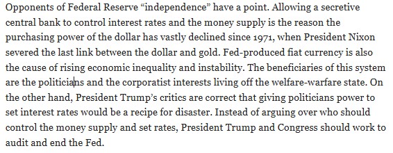 PinkCerberus's tweet image. Allowing a secretive #centralbank to control interest rates and the money supply is the reason the purchasing power of the dollar has vastly declined since 1971, when President Nixon severed the last link between the dollar and gold.
#RonPaul 
unz.com/rpaul/trumps-l…