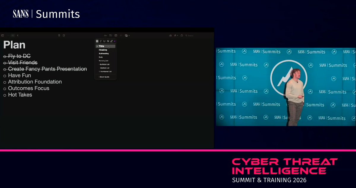 new_2_cyber's tweet photo. Happening Now at #New2CTI track, Chandler McClellan of @coalfire is breaking down attribution into 3 functional tiers from tactical to operational to strategic, &amp; showing how to align efforts to your program’s maturity, deadlines, &amp; data quality.
Join us: https://t.co/dsXppkcRb6 https://t.co/1JIHgXySNm