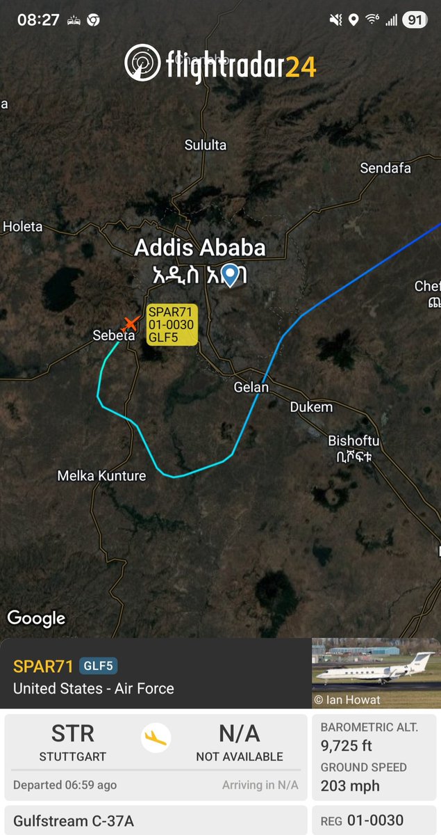 Borrowed7Time's tweet image. USAF C-37A 01-0030 #AE115E as SPAR71 en route from Stuttgart to Addis Ababa. On board, AFRICOM commander Gen. Dagvin Anderson.
H/T @dinlas3 for the info!
@sipjack1776 @LadyAstroJet