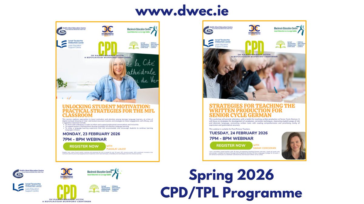 DublinWestEC's tweet photo. 🤩This February, DWESC is proud to be partnering with Blackrock, Drumcondra, Kildare and Laois Education Support Centres to bring you a series of collaborative webinars. 

👉Book your place via https://t.co/WBUrumD2CL or via any of our partner education support centres https://t.co/HuVyHef42n
