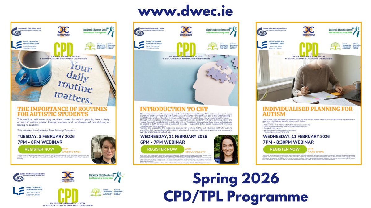 DublinWestEC's tweet photo. 🤩This February, DWESC is proud to be partnering with Blackrock, Drumcondra, Kildare and Laois Education Support Centres to bring you a series of collaborative webinars. 

👉Book your place via https://t.co/WBUrumD2CL or via any of our partner education support centres https://t.co/HuVyHef42n