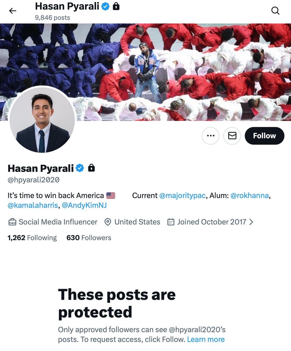 LauraLoomer's tweet image. BREAKING:

Hasan Pyarali @hpyarali2020, the pro-HAMAS Muslim who was just hired by @SenSchumer Chuck Schumer’s @MajorityPAC has locked his X account 20 min after I published my expose.

How can someone be the social media manager for a PAC if they lock their social media down? 🤔