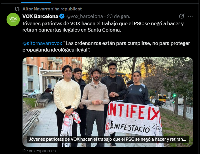 comunistesCFR's tweet photo. #25Aniversari  #27G 

2001:  El 27-G-01, el veïnat de #Gramenet  va impedir manifestació feixista

2026: L'extrema dreta, titella de #Trump, arrenca pancartes Manifestació'27G  @comissio27G 

📅 dimarts #27Gener
🕔 19:00 h.
📍 Plaça del Rellotge - #Gramenet #stopVOX #NoPassaran https://t.co/3FUKkRs0yx