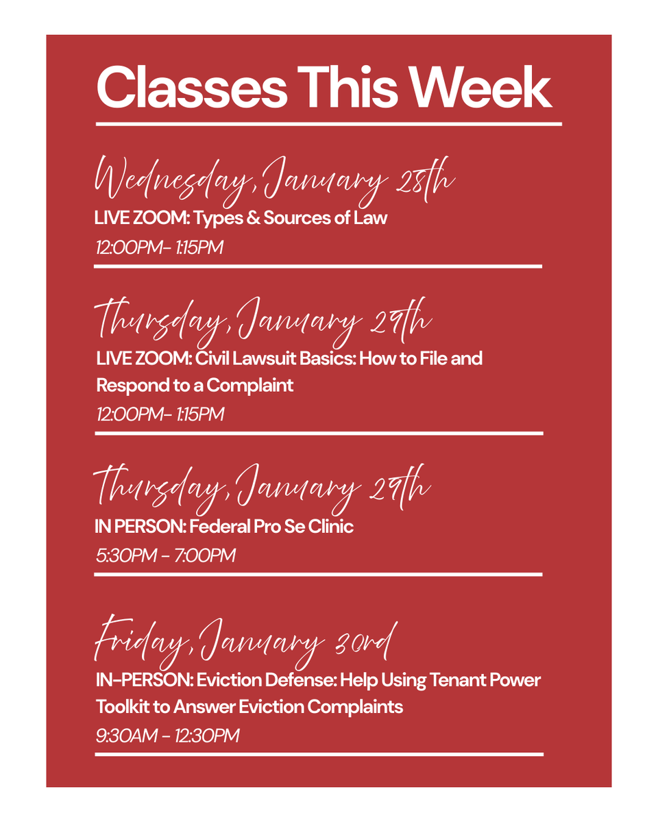 📌Happy Monday! Check out this week’s class schedule.

📣For more information, click here: lalawlibrary.org/current-classes