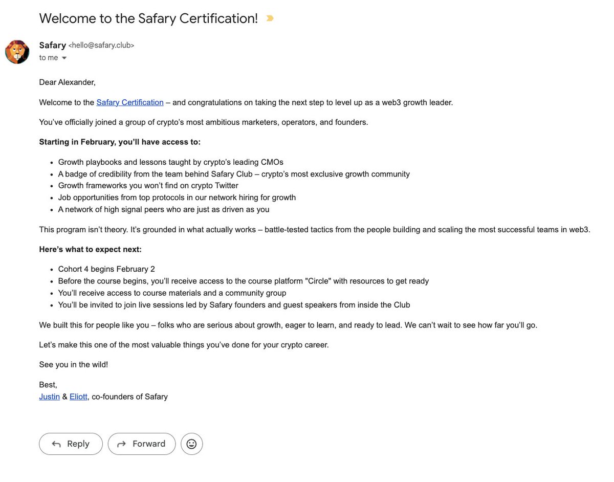 Can’t wait to start <a href="/Safaryclub/">Safary 🦁</a> <a href="/jkey_eth/">justin vogel 🦁</a>. Heard so much positive feedback. There should still be a few spots available. Join the ultimate web3 marketing and growth course!