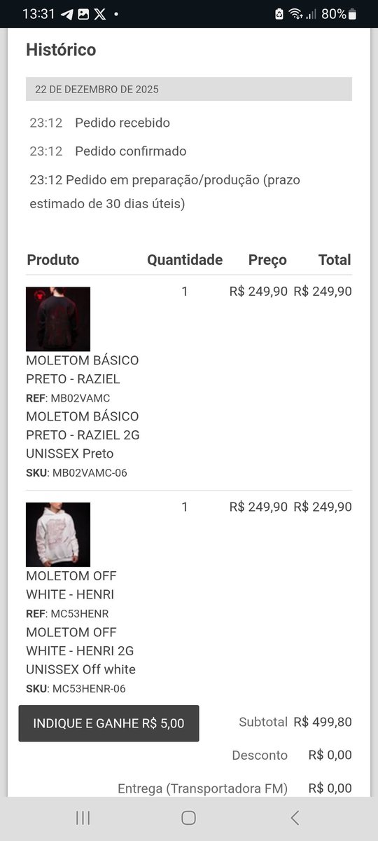 Pedi os moletons do raziel e do Henri em 22 de dezembro e até agora não saiu nenhuma mudança na entrega, já extrapolou o prazo e não a lolja não me responde :(

<a href="/cellbit/">rafael lange</a> <a href="/OrdemParanormal/">Ordem Paranormal</a> <a href="/Use_lolja/">Perfil reserva da @uselolja</a> 
#HEXATOMBE #OrdemParanormal