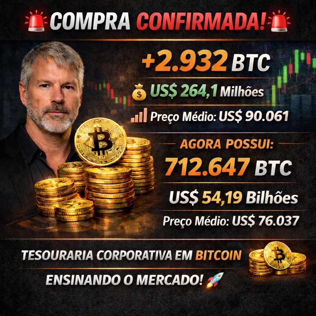 🚨 COMPRA CONFIRMADA 🚨 A Strategy acabou de anunciar mais uma compra de  Bitcoin, segundo publicação de Michael Saylor 👇 🟠 +2.932 BTC 💰 US$ 264,1  milhões 📊 Preço médio: US$ 90.061