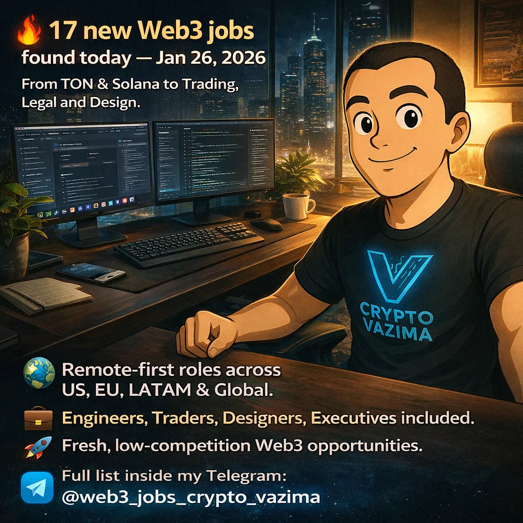 🔄 17 fresh Web3 jobs found today (Jan 26, 2026): 💻 Backend Developer —  Remote (Global) | Full-time | Node.js / FunC / Smart Contracts / TON |  https://t.co/fEIIf1jMJL 📊 Head of