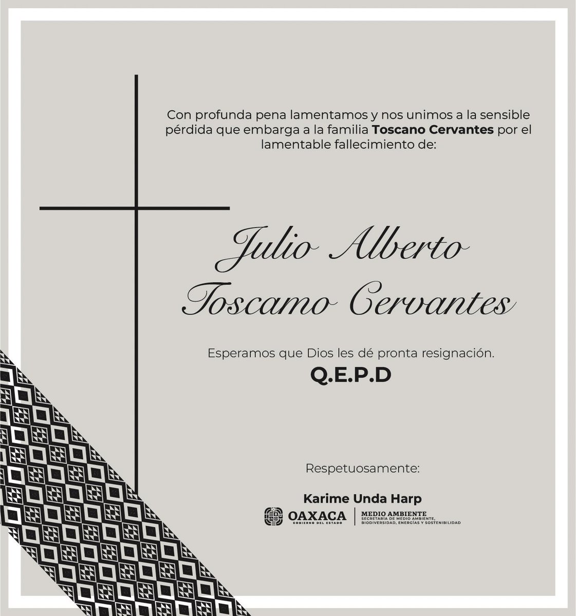 Con profunda tristeza, nos unimos a la pena que embarga el sensible fallecimiento de Julio Alberto Toscano Cervantes, Enlace de Comunicación Social de la Comisión Estatal Forestal Oaxaca.

Su partida deja gran un vacío, reconociendo su compromiso y voluntad.