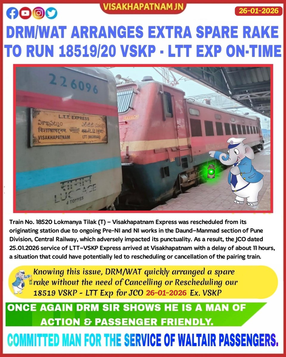 <a href="/ongole_railfan/">Ongole rail</a> <a href="/Visakhavaasi/">Anonymous🍥</a> <a href="/Chikudasji/">Chiku Das, Social Worker (Sabka Das- Chiku Das)</a> <a href="/_Waltair2911/">Random Guy</a> <a href="/shark_mendy/">VIZAG For ALL</a> <a href="/GopiKishorRaja2/">GopiKishorRaja</a> <a href="/VSKPJn/">Visakhapatnam Rail Users</a> <a href="/rail_fan_vskp/">Karun Induri-A Rf From VSKP🙏</a> <a href="/DRMWaltairECoR/">DRMWALTAIR</a> <a href="/drmvijayawada/">Vijayawada Division</a> <a href="/vizaginsight/">Vizag Insight</a> <a href="/Karthikjillella/">🅹🅺 ☯</a> <a href="/13Irvamsi/">RAGHUVAMSI_2002 🚄</a> <a href="/EastCoastRail/">East Coast Railway</a> <a href="/ravitejak07/">Raviteja</a> <a href="/GMSERAILWAY/">GM/SER</a> <a href="/SCRailwayIndia/">South Central Railway</a> <a href="/Eswararao2517/">❤Indian Rail Lover❤🚂🚋🚃🚋🚃🚋🚃❤</a> <a href="/RailMinIndia/">Ministry of Railways</a> <a href="/AshwiniVaishnaw/">Ashwini Vaishnaw</a> <a href="/VizagPanda/">VizagPanda</a> <a href="/eswarkanchu/">Eswar Kanchumurthi</a> <a href="/katam_ss/">Katam SS Chandra Rao</a> <a href="/UttamChakram/">సర్వే సంతు నిరామయాః</a> <a href="/CapitalofAndhra/">Vizag - True Capital of Andhra Pradesh</a> <a href="/VizagBrand/">#BrandVizag</a> <a href="/jinxed_jiggler/">Srinath Tudu</a> <a href="/saptagiriulaka/">Saptagiri Ulaka</a> <a href="/Odisha_Stories/">Odisha Stories</a> <a href="/odisha_tourism/">Odisha Tourism</a> <a href="/SWRRLY/">South Western Railway</a> <a href="/BJP4Andhra/">BJP ANDHRA PRADESH</a> <a href="/RailwaySeva/">RailwaySeva</a> <a href="/narendramodi/">Narendra Modi</a> <a href="/BJP4India/">BJP</a> <a href="/kishanreddybjp/">G Kishan Reddy</a> <a href="/drmsecunderabad/">DRM Secunderabad</a> <a href="/drmhyb/">Hyderabad Division</a> <a href="/PMOIndia/">PMO India</a> <a href="/DRMKhurdaRoad/">DRM KhurdaRoad</a> <a href="/DRMSambalpur/">DRMSambalpur</a> <a href="/DarshanaJardosh/">Darshana Jardosh</a> <a href="/AnupSatpathy/">Babu</a> <a href="/drmgnt/">Guntur Division</a> <a href="/Vskpism/">VISAKHAPATNAMISM</a> <a href="/serailwaykol/">South Eastern Railway</a> <a href="/RailNf/">Northeast Frontier Railway</a> Post : 416/25-26

Delayed arrival of 18520 LTT–VSKP Exp due to Pre-NI &amp; NI works could have affected the return service. DRM/WAT Shri Lalit Bohra arranged an extra rake, ensuring 18519 VSKP–LTT Exp (26.01.2026) ran as scheduled🚆

Thank you so much <a href="/DRMWaltairECoR/">DRMWALTAIR</a>
