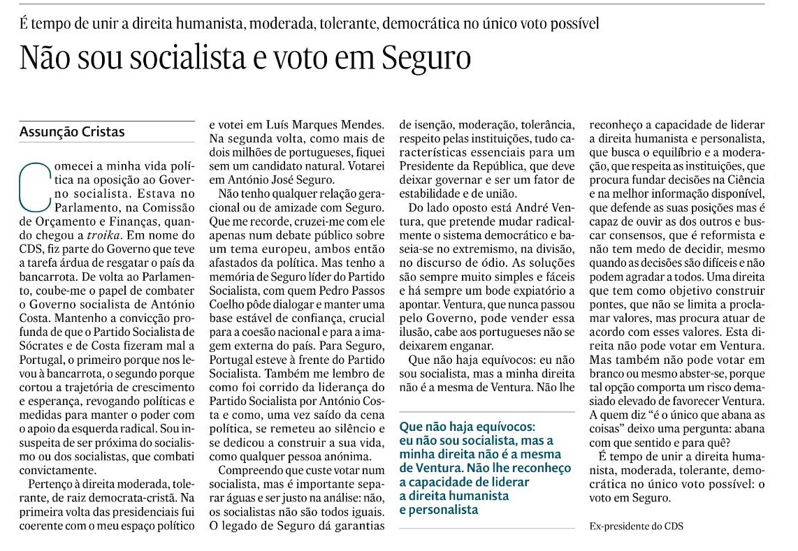 O legado de Seguro dá garantias de isenção, moderação, tolerância e respeito pelas instituições.