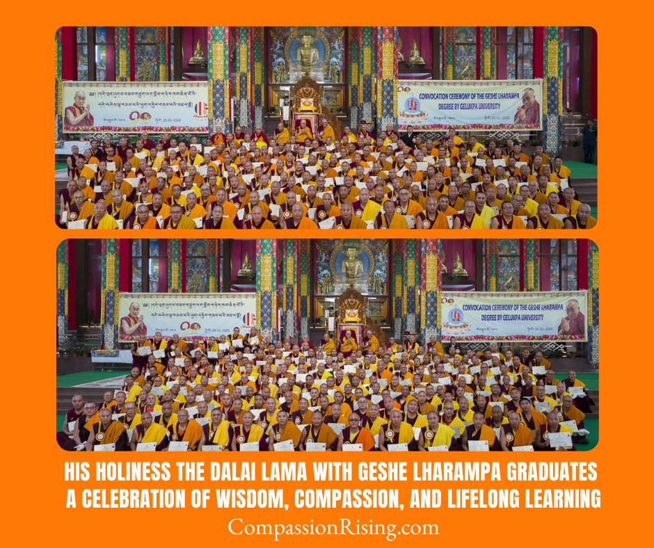 compassionrises's tweet photo. A shared moment of wisdom and blessing.
In this Year of Compassion, His Holiness the Dalai Lama blessed 354 Geshe Lharampa graduates at the Gelugpa University convocation in Mundgod, India.
The graduates received the highest degree in Buddhist scholarship, equivalent to a PhD. https://t.co/rO0G0Nhmzb