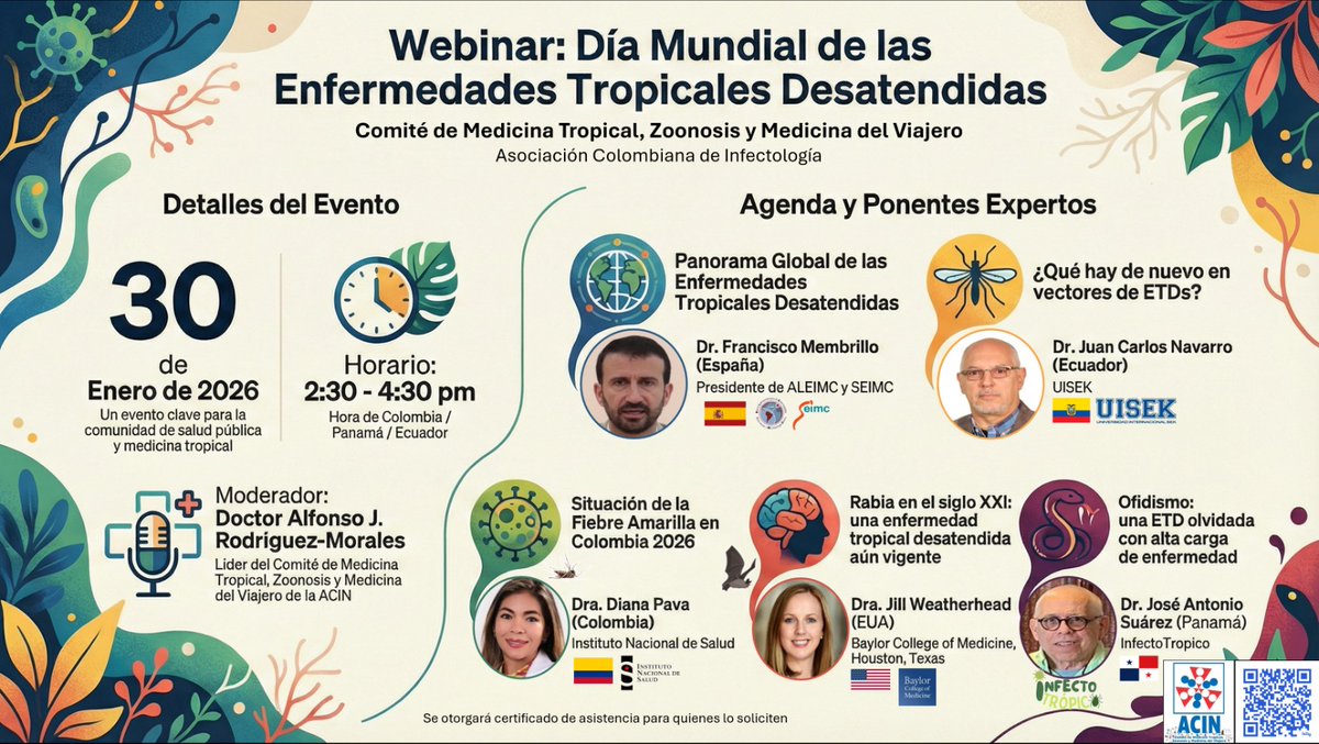 La directora general del <a href="/INSColombia/">Instituto Nacional de Salud🇨🇴</a>, Diana Pava,  participará en el seminario web del Día Mundial de las Enfermedades  Tropicales, organizado por el Comité de Medicina Tropical, Zoonosis y  Medicina del Viajero de la Asociación Colombiana de Infectología de <a href="/acinnacional/">ACINNACIONAL</a>.