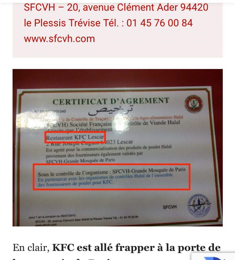 <a href="/Alkanz/">Al Kanz</a> En clair, KFC est allé frapper à la porte de la mosquée de Paris non pas pour se mettre en règle, mais pour obtenir un satisfecit, un certificat qui dit que les poulets vendus dans ses restaurants sont halal. Or, en pratique, rien n’a changé. KFC se fournit toujours chez Doux.