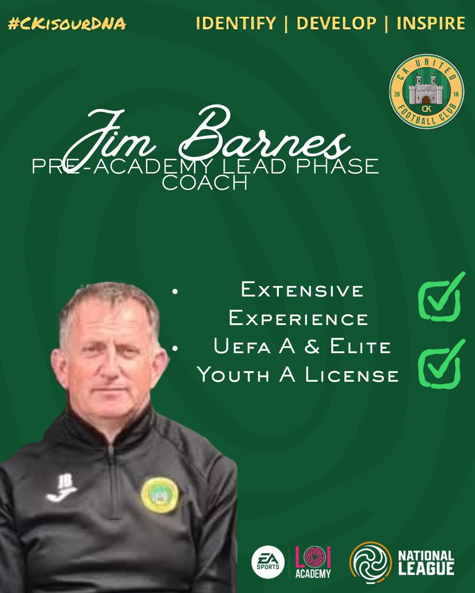 ckutdfc's tweet image. CK UTD are delighted to Welcome Jim Barnes back who will take up the role of pre academy lead phase coach 

Jim has extensive experience in League of Ireland Academy over many number of years &amp;amp; currently holds a UEFA Elite Youth A license. 

More registration details to follow