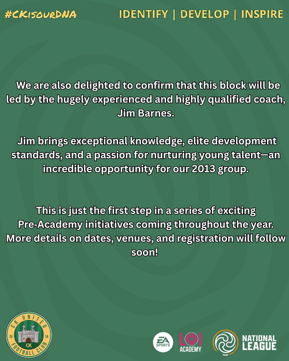 ckutdfc's tweet image. CK UTD are delighted to Welcome Jim Barnes back who will take up the role of pre academy lead phase coach 

Jim has extensive experience in League of Ireland Academy over many number of years &amp;amp; currently holds a UEFA Elite Youth A license. 

More registration details to follow