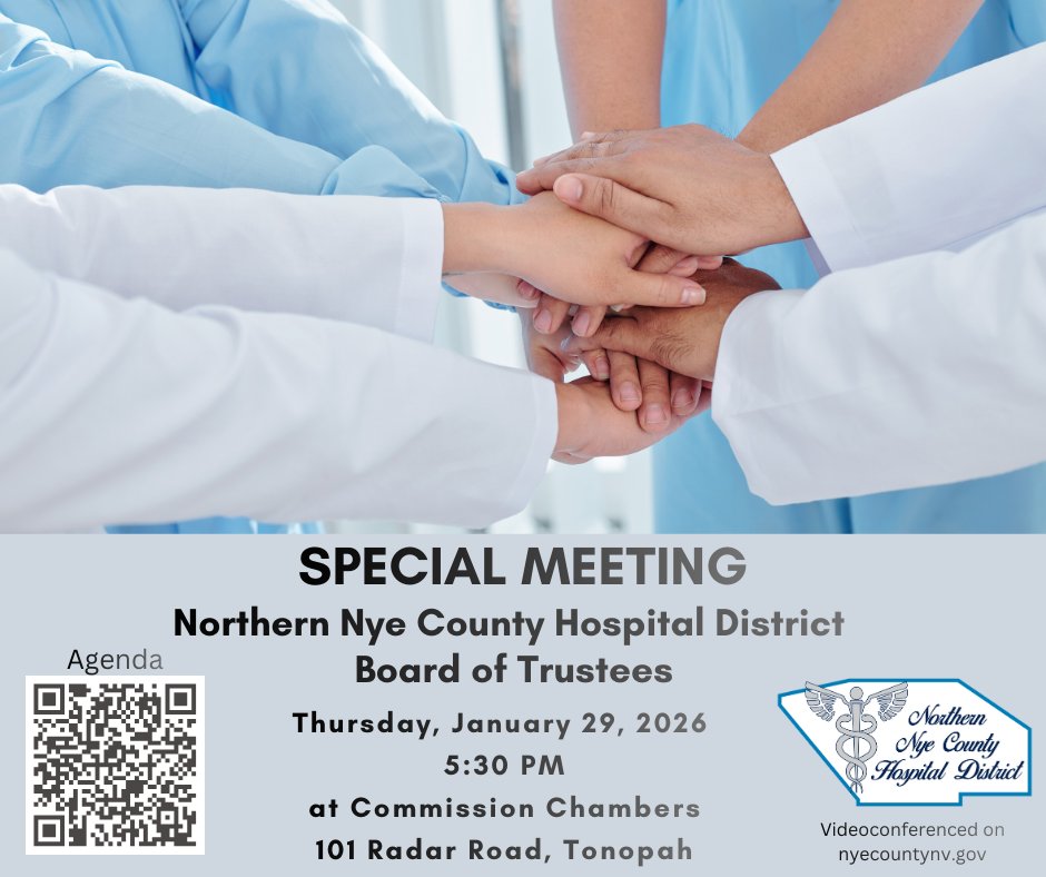 NyeCounty's tweet image. The Northern Nye County Hospital District Board of Trustees will hold a Special Meeting on Thursday, Jan. 29th at 5:30 PM in the Tonopah Commission Chambers. 

Key actions include Sixco’s contract review, bylaw revisions, and more. Agenda: nyecountynv.gov/AgendaCenter/V…