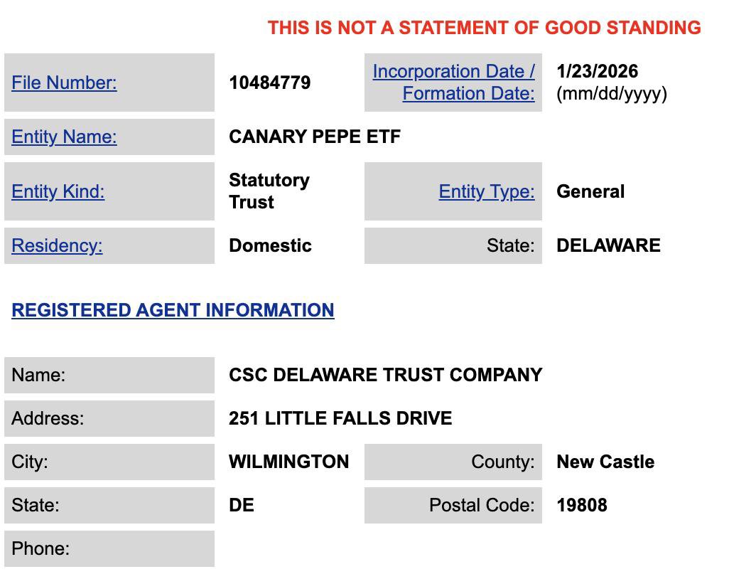 Canary Capital is preparing to file for a $Pepe ETF in the US.