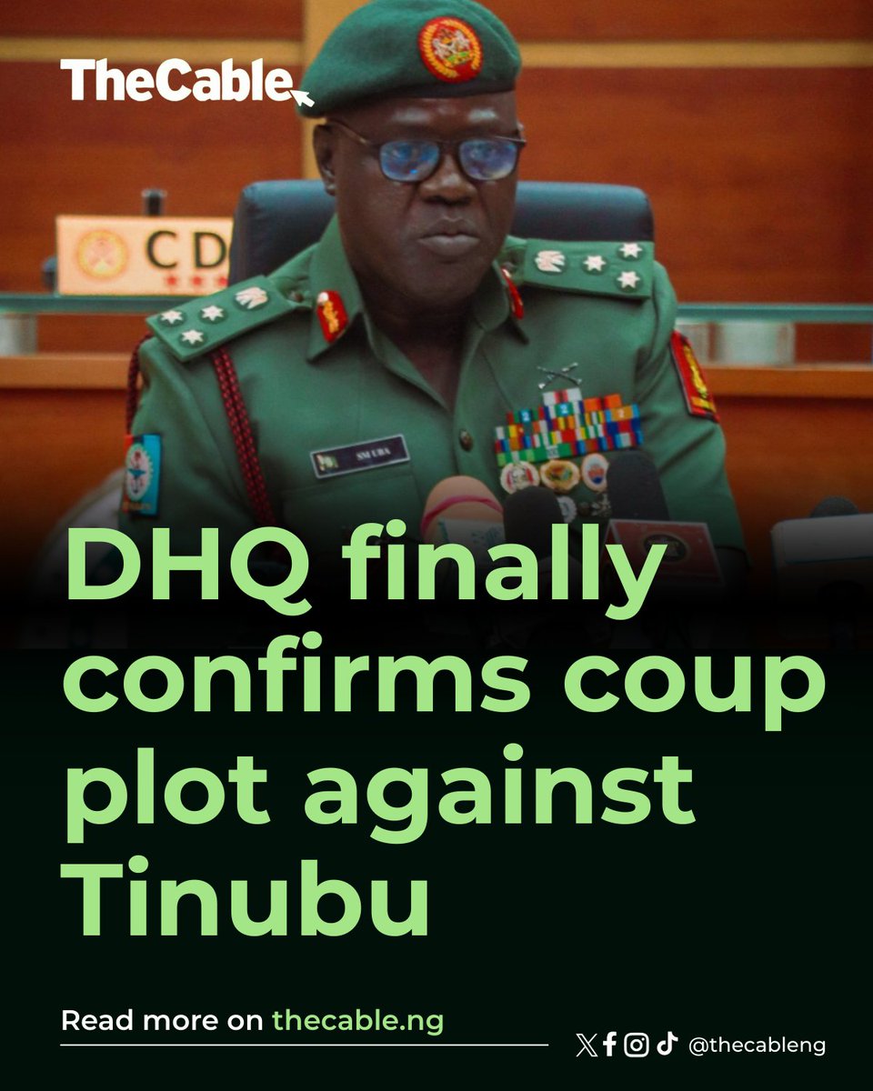 thecableng's tweet image. JUST IN: DHQ finally confirms coup plot against Tinubu 

The Defence Headquarters (DHQ) has finally confirmed that there was a coup plot to overthrow President Bola Tinubu.

In a statement on Monday, Samaila Uba, director of defence information, said investigations into the coup…