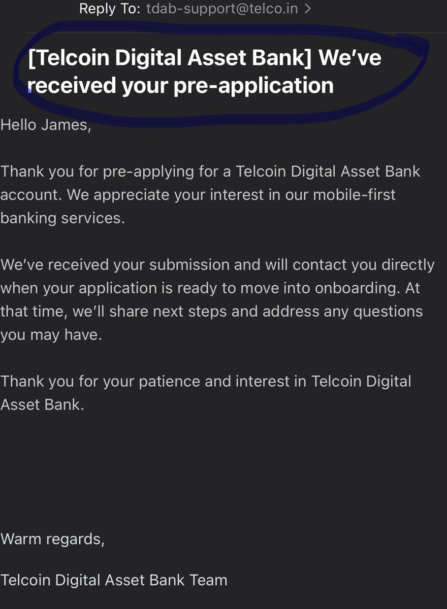 JamesTELtx's tweet photo. 📣 BREAKING 📣 

Look at the email I just received from @TelcoinDAB !!! We’re getting close folks!! 

Have you pre-applied for a business bank account yet? Link: https://t.co/MDtQCZ8OH5

@telcoin $TEL https://t.co/J4enxr4lOl