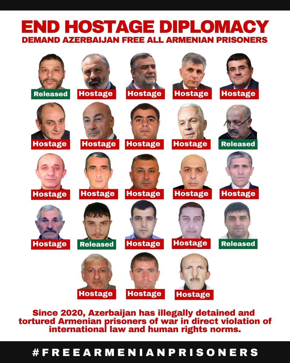 Ce post revient, parce qu’eux ne reviennent pas. 
Eux, ce sont les 19 #otages #arméniens affamés, torturés, enchaînés par les barbares #azerbaïdjanais à #Bakou!
Relayez sans relâche leurs noms et leurs visages. 
Jusqu’à ce qu’ils rentrent tous chez eux. 
En #Arménie!
#France