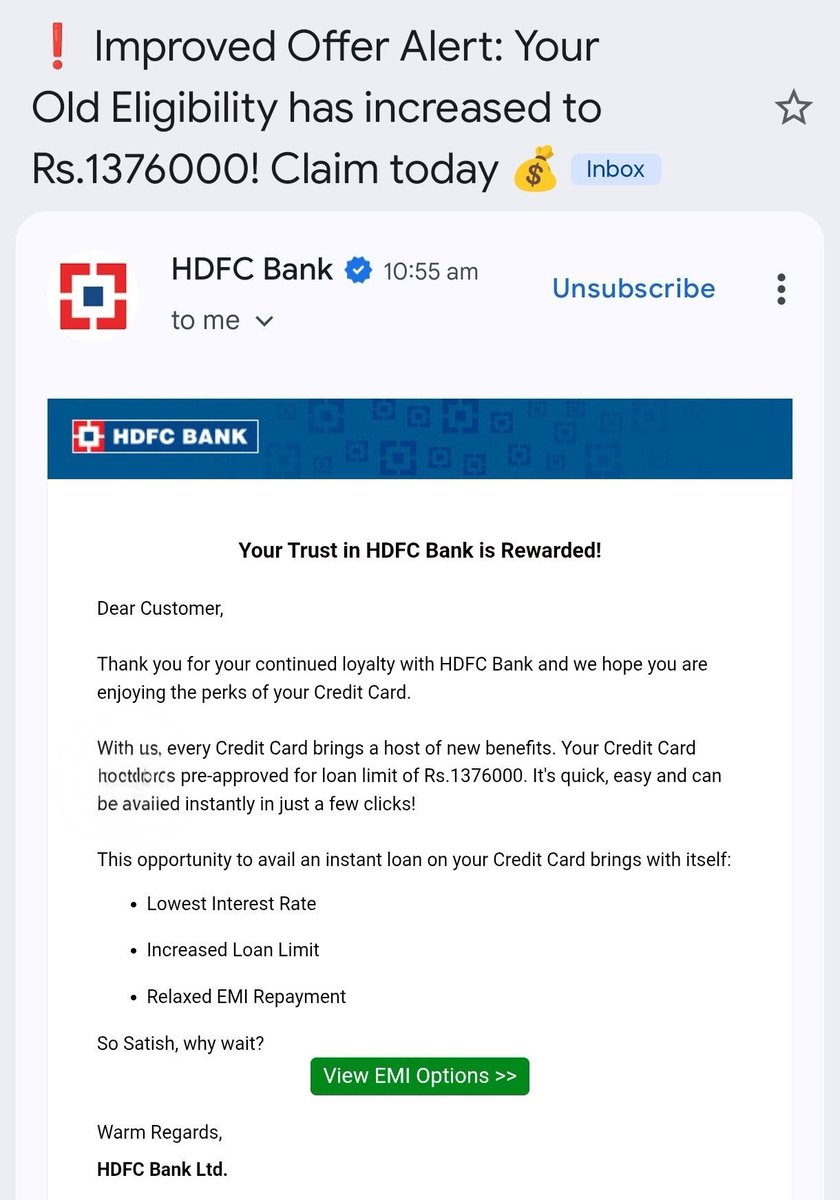 iSatishAgarwal's tweet photo. HDFC Bank on Loans vs Credit Limit ⚖️

🤲Loan Eligibility: 13,76,000 🚀🚀
👋Credit Limit: You already have Best limit

Loan gaya ➡️🗑️😬 https://t.co/AcddsXI7pY