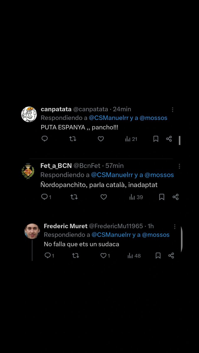 Esta es la "normalidad" en Cataluña. Esta es la "Gent de pau" 😉

Son tan xenófobos que ven una bandera de Colombia en mi perfil y se llenan de odio.

Ojalá os veáis un día en un juzgado por vuestro racismo asqueroso 🤮