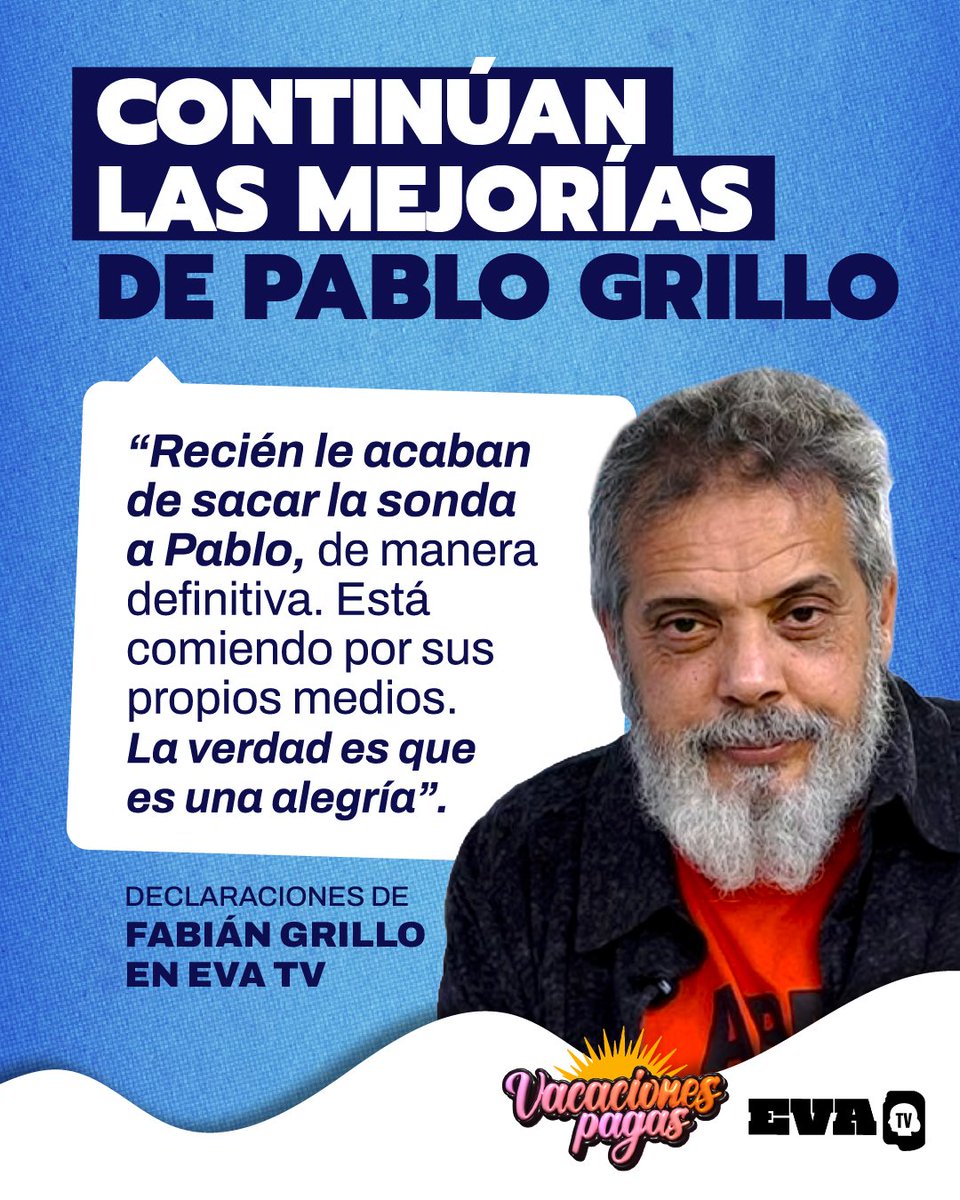 🚨 ÚLTIMO MOMENTO: PABLO GRILLO SIN SONDA

​Fabián Grillo nos confirmó la noticia en vivo: le retiraron la sonda de forma definitiva y Pablo ya se alimenta por sus propios medios. Una gran noticia en medio de la lucha.

​¡Fuerza, Pablo! ✊🏼

​Escuchá la nota completa en <a href="/evaenvivo/">Eva TV</a>