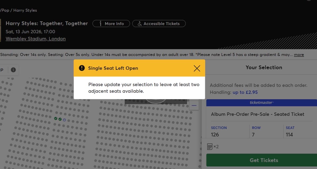 mantobuil's tweet photo. @Ticketmaster making things harder! I finally found 2 seats together and as 1 seat was left alone I couldn’t buy my tickets!!! Worst service ever as always! @TicketmasterUK 🤬🤬🤬🤬 #HarryStyles https://t.co/9LmhpVfCeo