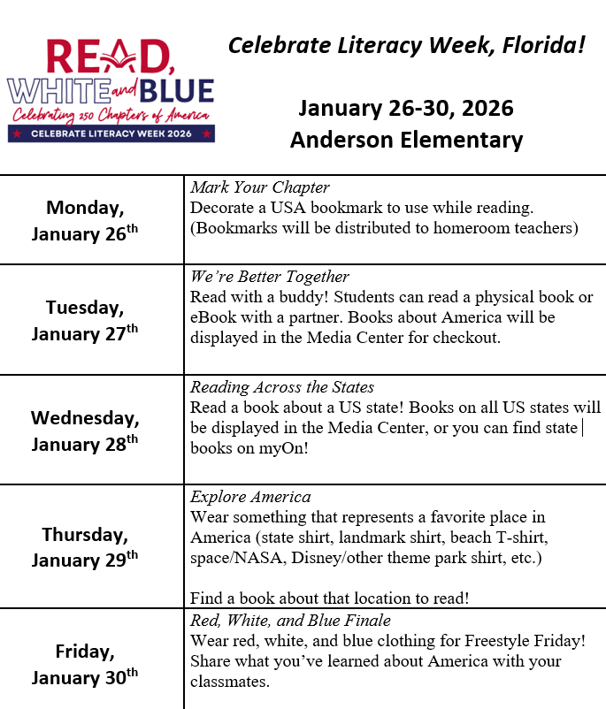 Anderson's Literacy Week is Jan. 26-30. Participation is optional. 📚😊🦅