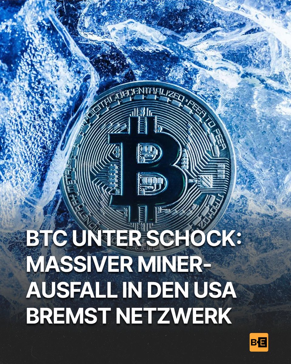 ❄️ Hashrate bricht ein ⚡ Bitcoin unter Schock: Ein extremer Wintersturm in  den USA hat große Teile der Bitcoin-Hashrate lahmgelegt und das Netzwerk  spürbar ausgebremst. ⛏️ Infolge der Miner-Ausfälle steigen die Blockzeiten