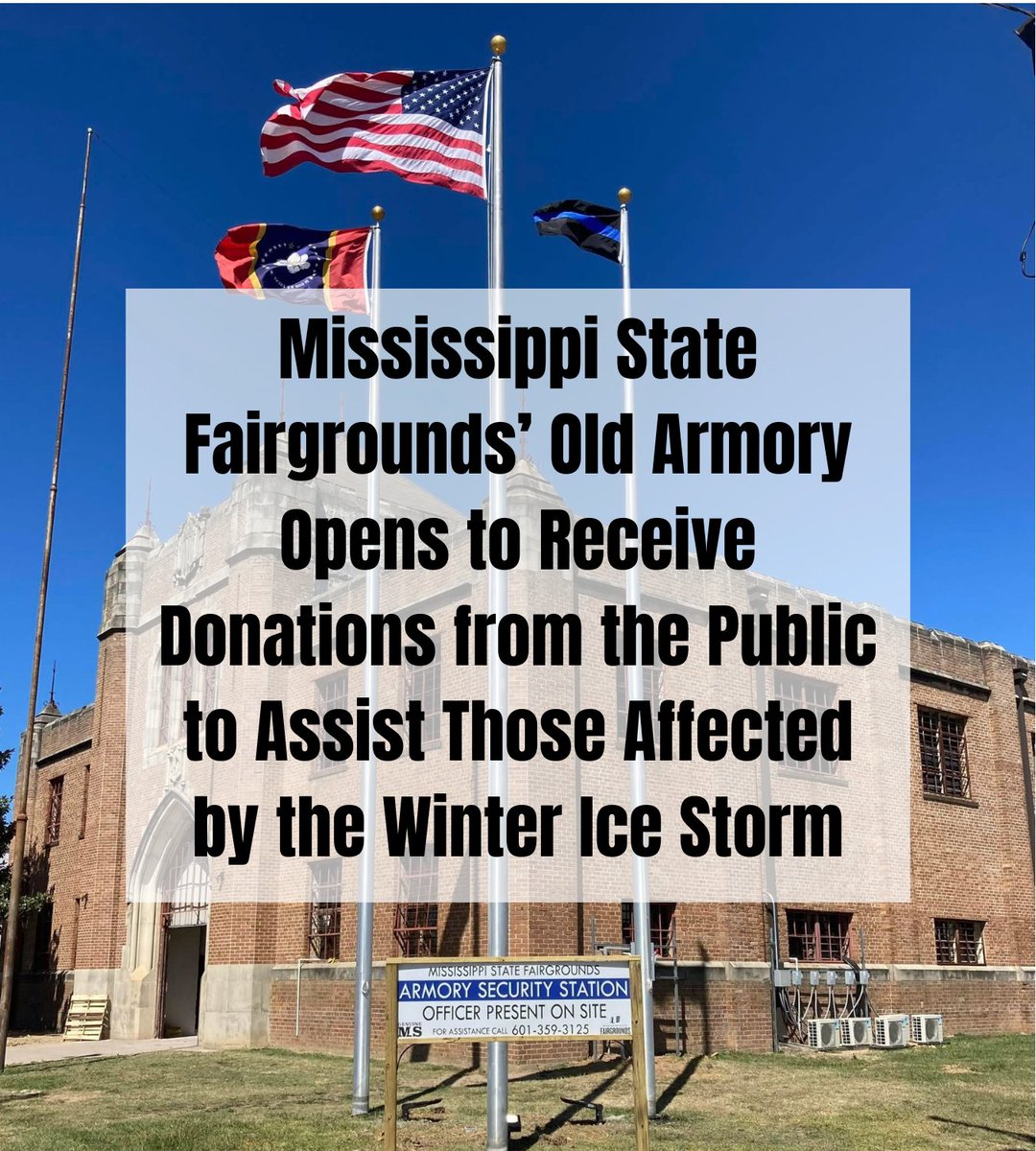 Ag Commissioner Andy Gipson announced the old National Guard Armory, located on the <a href="/msfairgrounds/">Mississippi State Fairgrounds</a>, will be open to receive donations from the public to assist those affected by the winter ice storm. 

Read more: agnet.mdac.ms.gov/agManage/uploa…