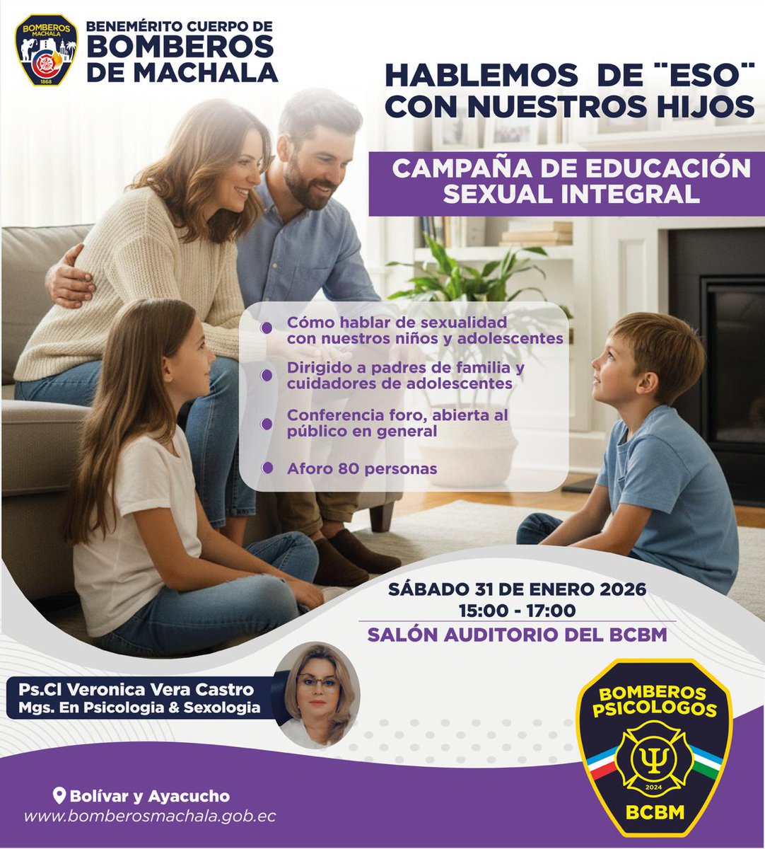Como trabajo conjunto con los Bomberos Voluntarios Psicólogos de nuestra institución, llevaremos a efecto la Campaña de Educación Sexual Integral. 

#BomberosMachala
#ElHonorDeServir