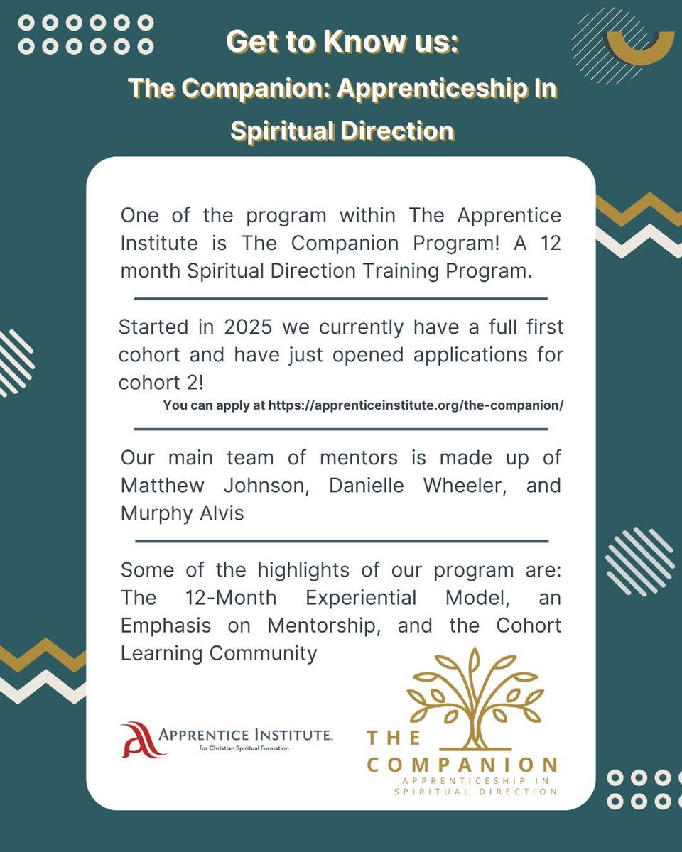 ApprenticeInst's tweet photo. Get to know us Monday!
Today we're looking at The Companion Program!
#CSF #Christianspiritualformation #Spiritualdirection #TheCopmanion #Apprenticeinstitute #TAG #Theapprenticegathering #FYI #Friendsyouthinstitute #GettoknowusMonday https://t.co/TTJeXs6G7D