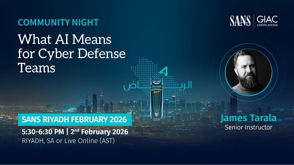 SANSEMEA's tweet photo. AI is accelerating everything, including risk.

SANS Community Night | Riyadh is your chance to understand what that means for you, your team, and the decisions you’ll be expected to make next.

📅 Feb 2026 | Online or In-Person
👉 https://t.co/4Wi6mcA3MT https://t.co/jrFlISZnm2