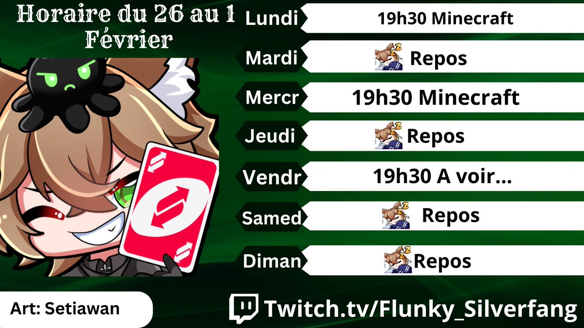 🗓️Le Petit Horaire de la Semaine 🦊💚

Cette Semaine et bien... j'avais juste envie de Continuer Foxy et le Monde Carré S2 et pour vendredi on verra comme d'habitude sur le moment quesque j'aurais envie de faire Bonne semaine a tous !