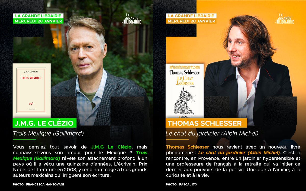 GrandeLibrairie's tweet photo. 👉Cette semaine, La Grande Librairie fait le pari des mots, du risque et de la vie intense, envers et contre tout !
📚@ATrapenard reçoit J.M.G Le Clézio, Charlotte Casiraghi, Thomas Schlesser, Mathieu Simonet et @Chaillan_M !
📺Rdv mercredi 28 janvier à 21h05 sur France 5 ! https://t.co/7vPRqBZzvB