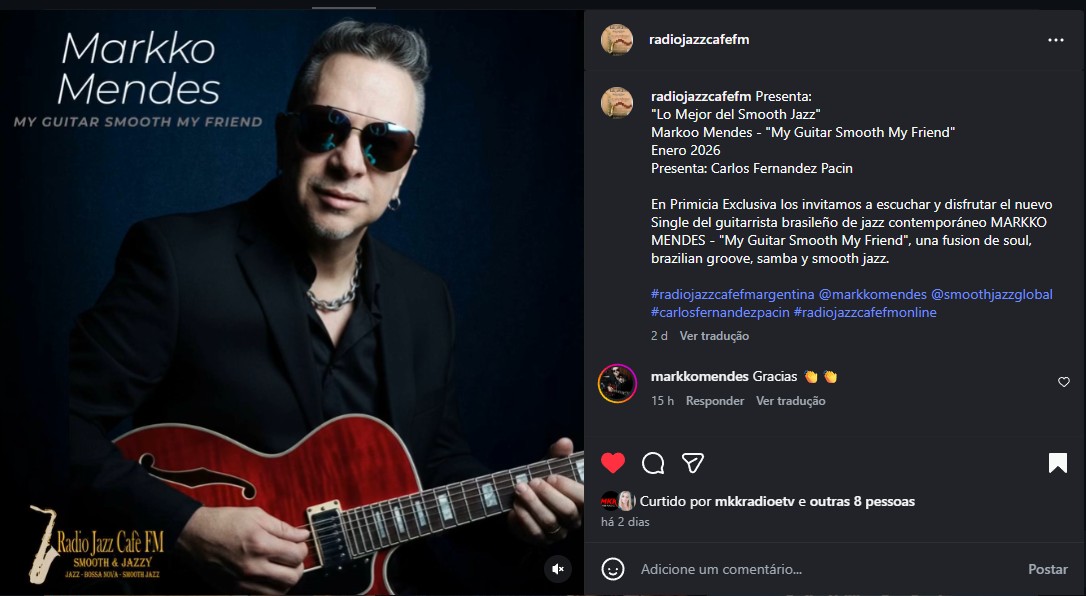 markkomendes's tweet photo. É com o maior prazer e gratidão, saber que meu último lançamento está tocando na @radiojazzcafefm da Argentina/Buenos Aires.
Rádio dedicada ao Smooth &amp; Jazzy.
#markkomendes #radiojazzcafefm #smoothguitar #smoothjazz https://t.co/sM2EwMxSCO