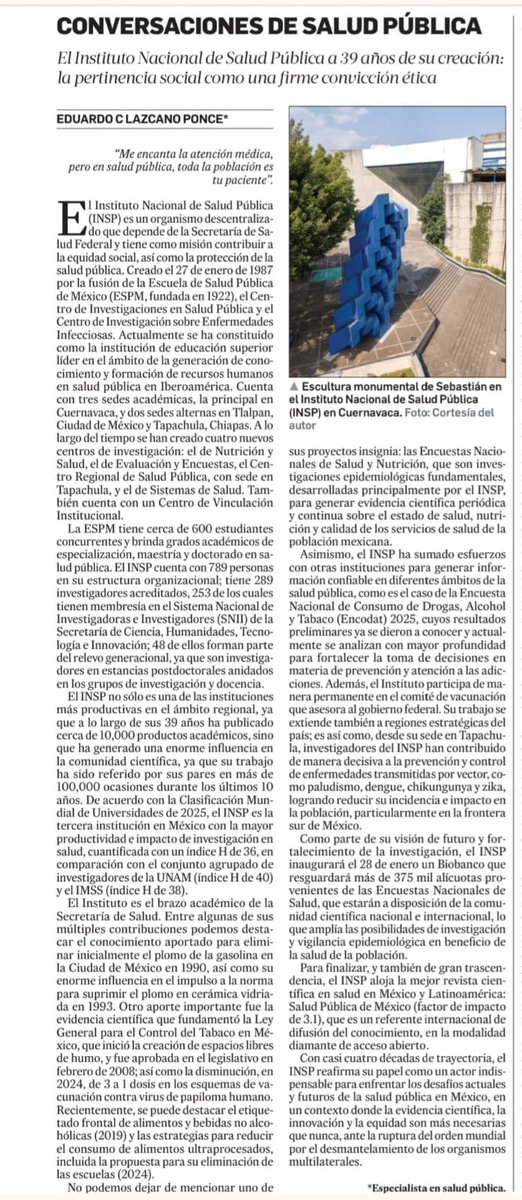 Les comparto mi colaboración por el aniversario del Instituto Nacional de Salud Pública <a href="/inspmx/">INSP México</a>, a 39 años de su creación: pertinencia social como una firme convicción ética

lajornadamorelos.mx/opinion/conver…