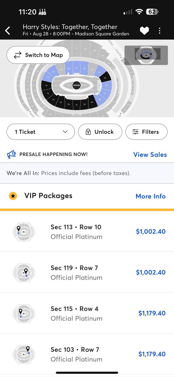 Prices - Harry - New York City MSG (Update coming soon)

VIP Packages : 
- Together Package : $1.151,70
- KISS Package : $915,70

Normal tickets 
- Disco / Kiss : $
- GA :  $
- Stands : Prices seem to start at $94,15 to $1.179,40